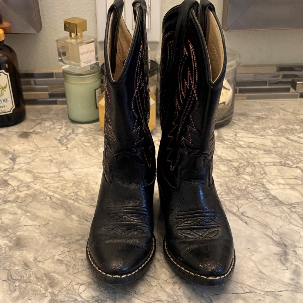 Old West Kids Black Leather Western Cowboy Boots Size 13